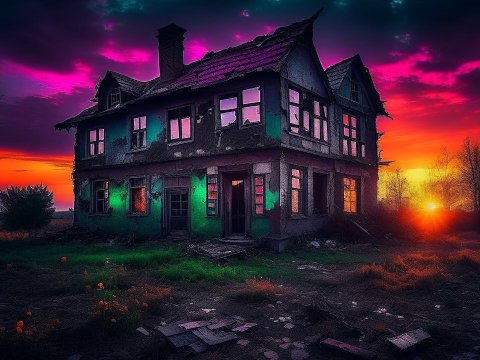 Ruined House at Vibrant Sunset