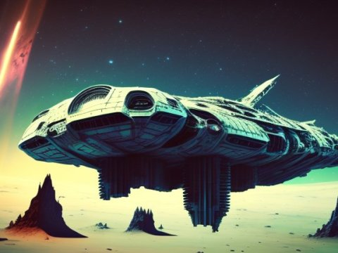 Ruined Starship Hovering Over Alien Desert Landscape