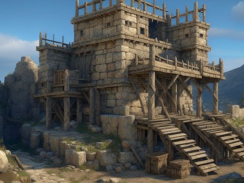 Ruined Stone Fortress in Rocky Landscape