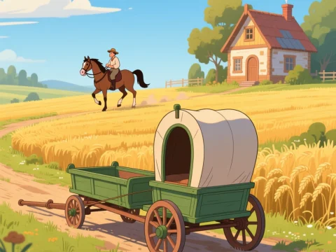 Rural Scene with Horse Rider and Covered Wagon