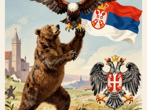 Russian Bear Holding Eagle with Serbian Flag and Double-Headed Eagle Emblem