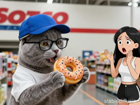 Russian Blue Cat Wearing Glasses and Cap Holding Donut in Store