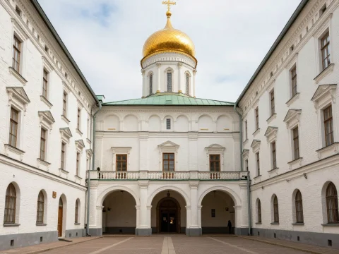 Russian City Courtyard with Golden Dome Church