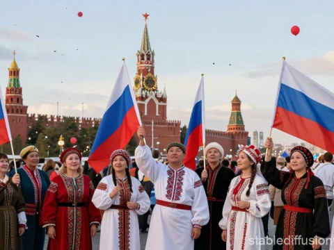 Russian Unity Celebration with Traditional Attire and Flags
