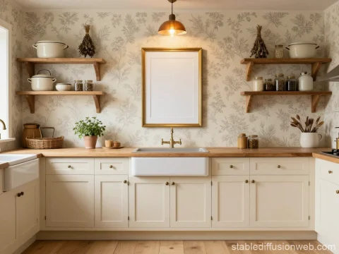 Rustic Cottagecore Kitchen with Wooden Shelves and Floral Wallpaper