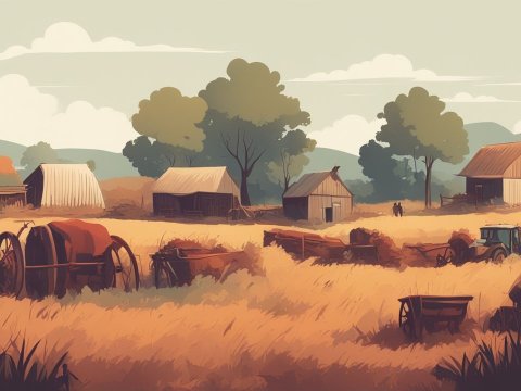 Rustic Farm Landscape with Barns and Machinery