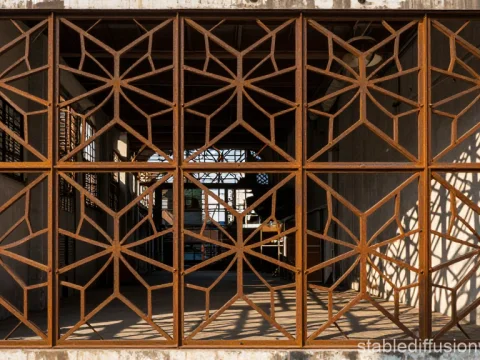 Rustic Jaali Screen Facade with Geometric Patterns