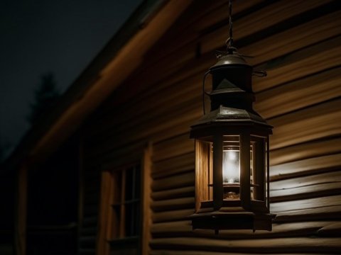 Rustic Lantern Glowing on Cabin Wall at Night
