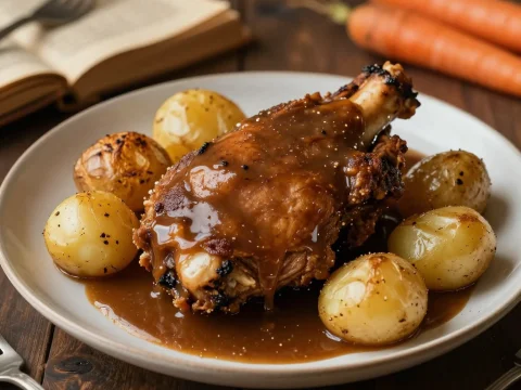 Rustic Pork Shank with Roasted Potatoes and Gravy