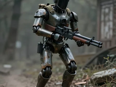 Rustic Robot Warrior Armed with Rifle in Forest