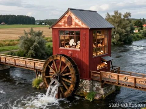 Rustic Russian Water Mill on a River