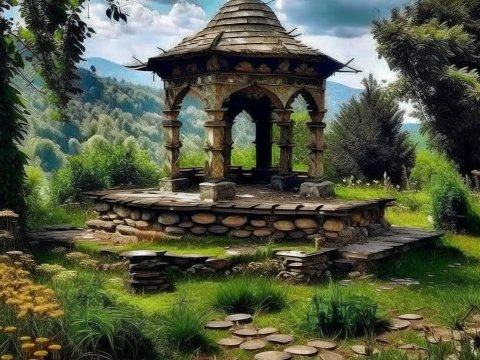Rustic Stone Gazebo in Lush Green Garden