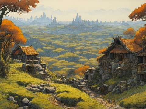 Rustic Village Pathway Overlooking a Vast Forest and Distant City