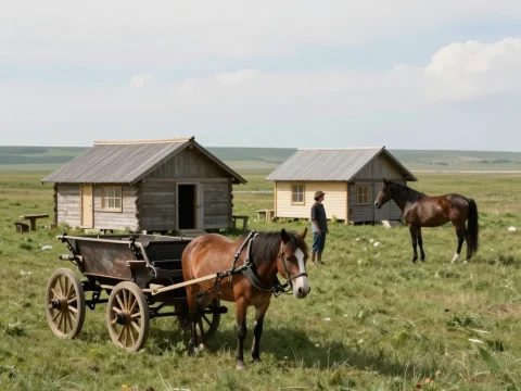 Rustic Wooden Cabins in a Meadow with Horses and Cart