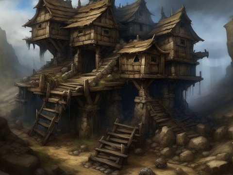 Rustic Wooden Houses on Stone Pillars in a Rocky Canyon