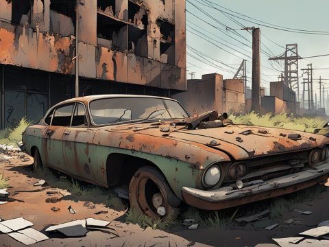 Rusty Abandoned Car in a Ruined Cityscape