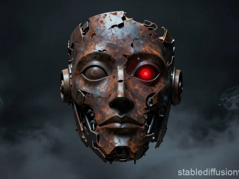 Rusty Mechanical Face with Glowing Red Eye