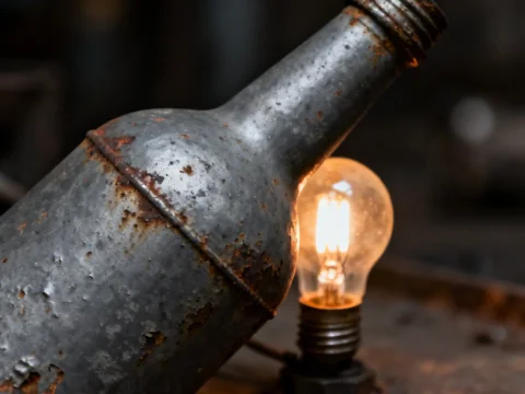 Rusty Metal Bottle with Glowing Light Bulb