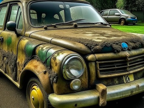 Rusty Old Car Covered in Moss and Dirt
