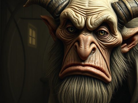 Sad Amish Troll with Horns in Dimly Lit Room