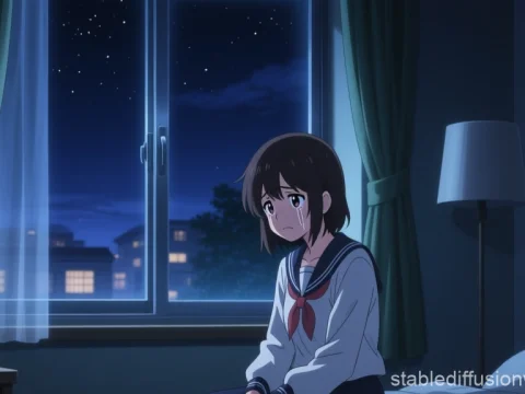 Sad Anime Girl Crying at Night in Bedroom