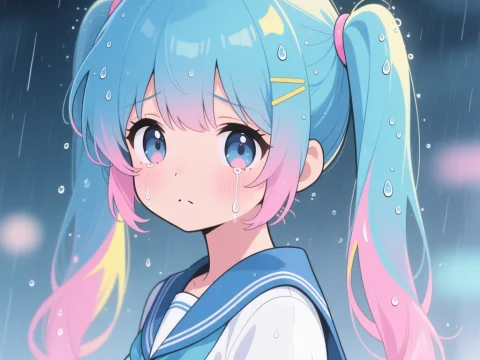 Sad Anime Girl with Blue and Pink Hair in the Rain