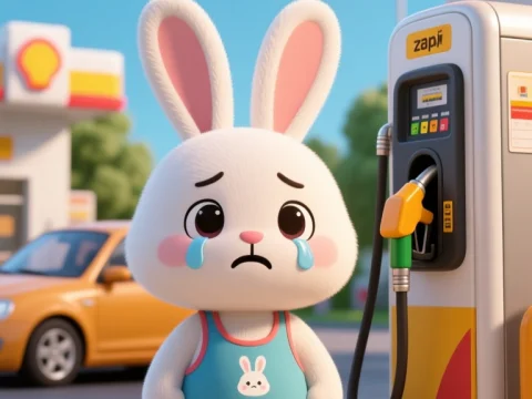 Sad Bunny Crying at Gas Station Pump