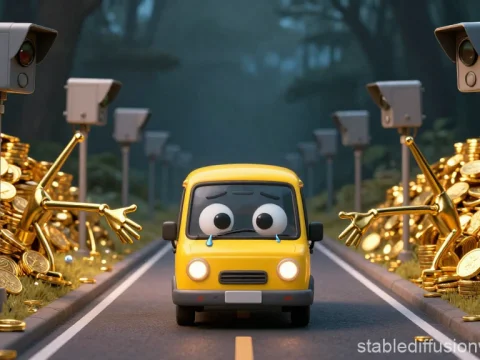 Sad Cartoon Taxi Surrounded by Gold Coins and Robotic Arms