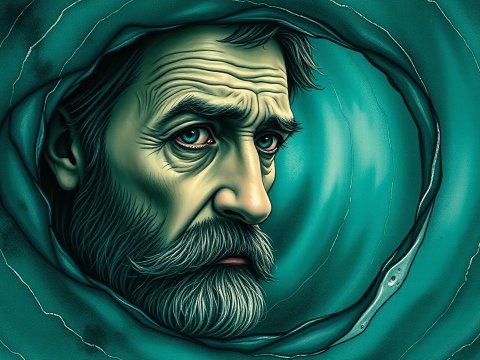 Sad Expression of an Older Man in a Surreal Blue Vortex