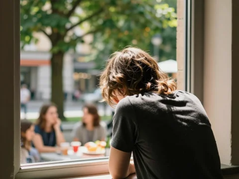 Sad Person Looking Out Window at Group Outside