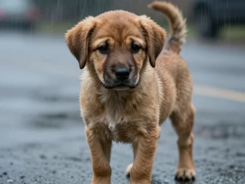 Sad Puppy Standing in the Rain on Wet Pavement