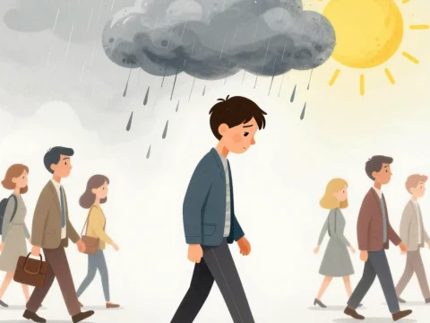 Sad Walker Under Rain Cloud Amid Sunny Day