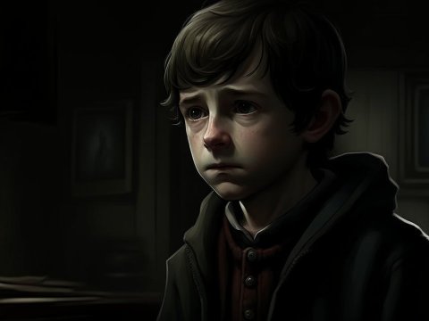 Sad Young Boy in Dimly Lit Room