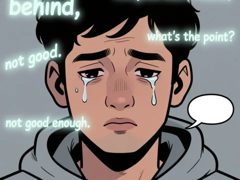 Sad Young Man Crying with Negative Thoughts