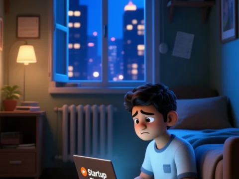Sad Young Man Facing Startup Closure at Night