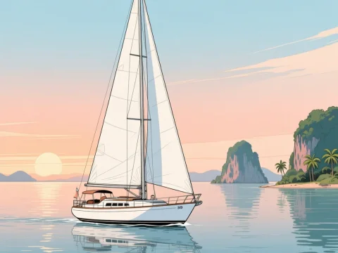 Sailboat at Sunset Near Tropical Islands