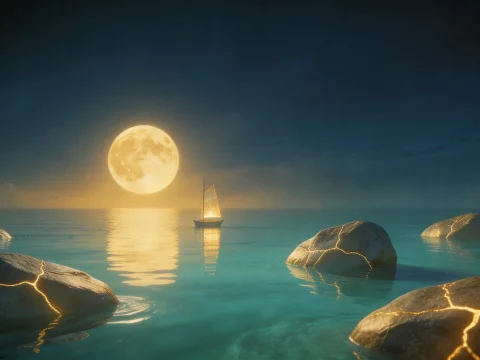 Sailboat Under a Golden Moon with Kintsugi Rocks