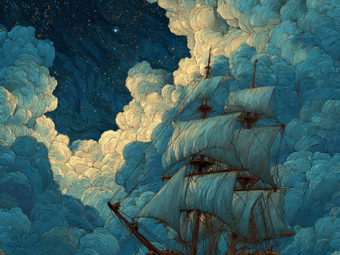 Sailing Ship Amidst Starry Night and Swirling Clouds