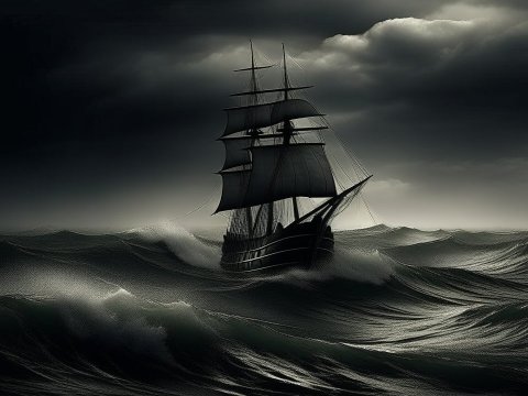 Sailing Ship on Stormy Night Sea