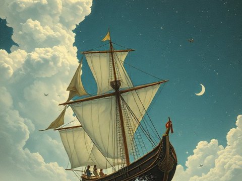 Sailing Ship Under a Glowing Full Moon