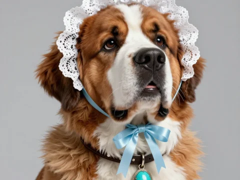 Saint Bernard Dog Wearing Lace Bonnet and Blue Ribbon