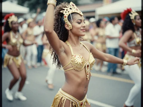 Samba Dancer in Gold Costume Performing at Street Parade