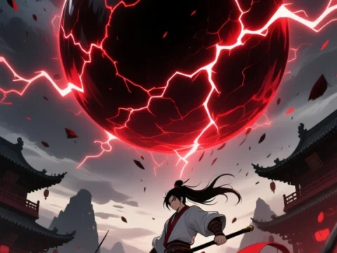 Samurai Facing a Giant Cracked Energy Sphere