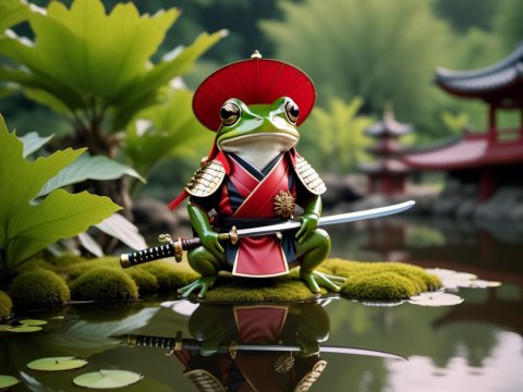 Samurai Frog Warrior by a Serene Pond