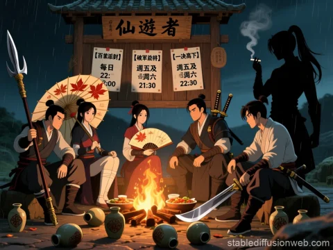 Samurai Gathering Around Campfire in Rainy Night