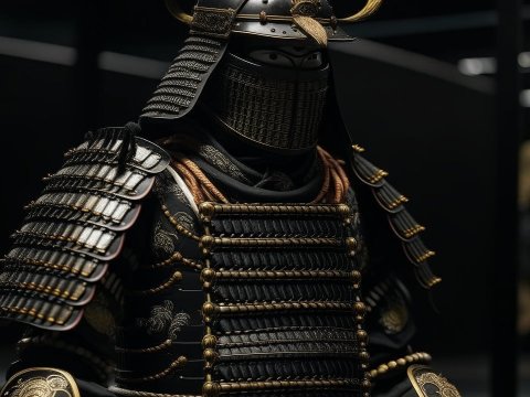 Samurai in Detailed Black Armor with Gold Accents