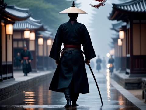 Samurai Walking Through Traditional Japanese Village at Dawn