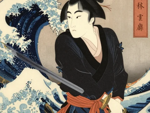 Samurai with Katana Amidst Ocean Waves