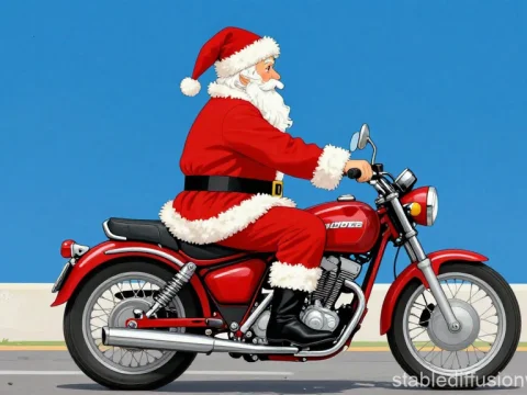 Santa Claus Riding a Red Motorcycle on a Clear Day