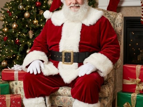 Santa Claus Sitting by Christmas Tree with Gifts